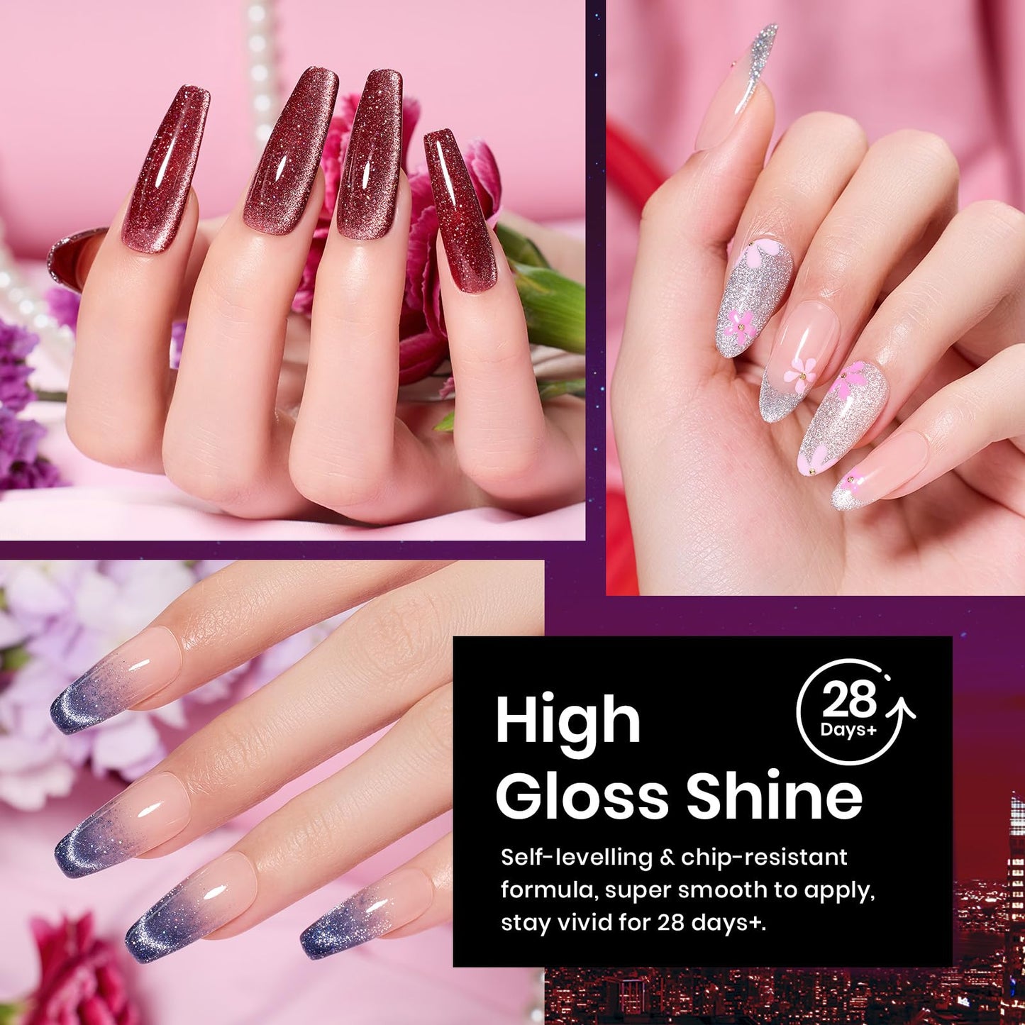 Beetles Cat Eye Gel Nail Polish Set, 6 Colors Glitter Red Pink Shiny Brown Burgundy Purple Blue Green Magnetic Effect Sparkle Stunning Nail Gel Polish Kit Soak Off UV Manicure Gifts for Women