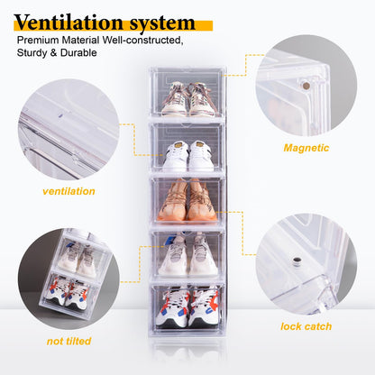 Attelite Shoe Box,Set of 6,Stackable Plastic Clear Shoe Box Organizer with Magnetic Door,Shoe Storage Box Thicken Sturdy,Easy Assembly,Fit up to US Size 12,Black