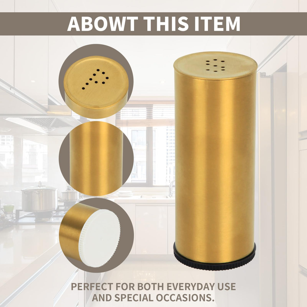Snailhouse Salt and Pepper Shakers Set, 2 Pack Stainless Steel Modern Farmhouse Decor for Kitchen, Camp, BBQ, RV, Gold