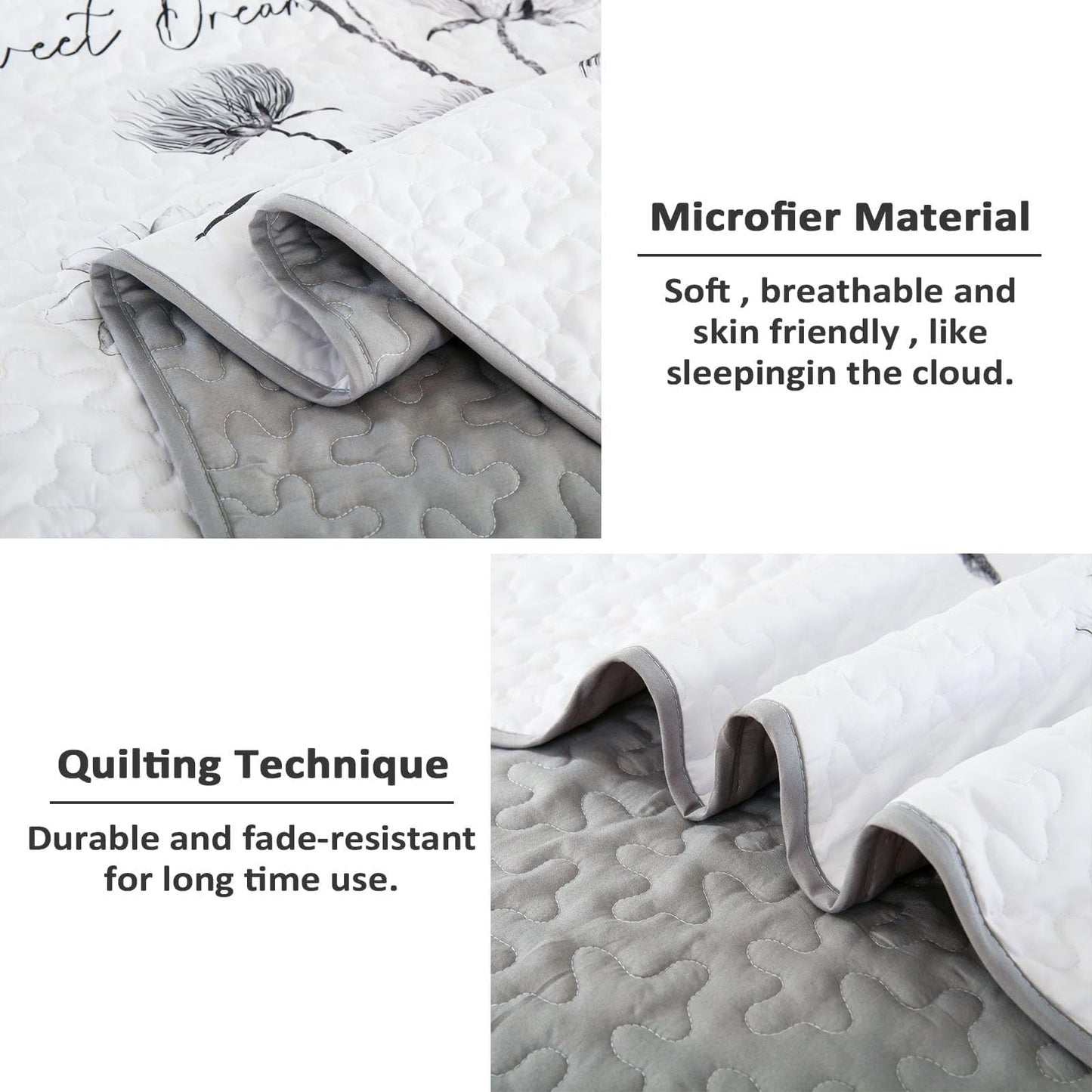 Dinjoy Floral Quilt Set Queen Size,Grey White Bedspread Coverlet Botanical 3 Pieces Fall Quilts Microfiber Lightweight Flower Bedspreads Soft Reversible Farmhouse Bed Cover for All Season(96"x90")