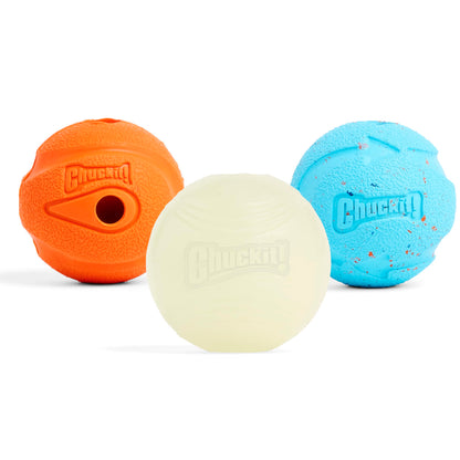 ChuckIt! Fetch Medley Gen 1 Rubber Dog Balls, The Whistler, Max Glow & Rebounce Balls for Dogs, Durable High Bounce Launcher Compatible Dog Toy, Medium, 3 Pack