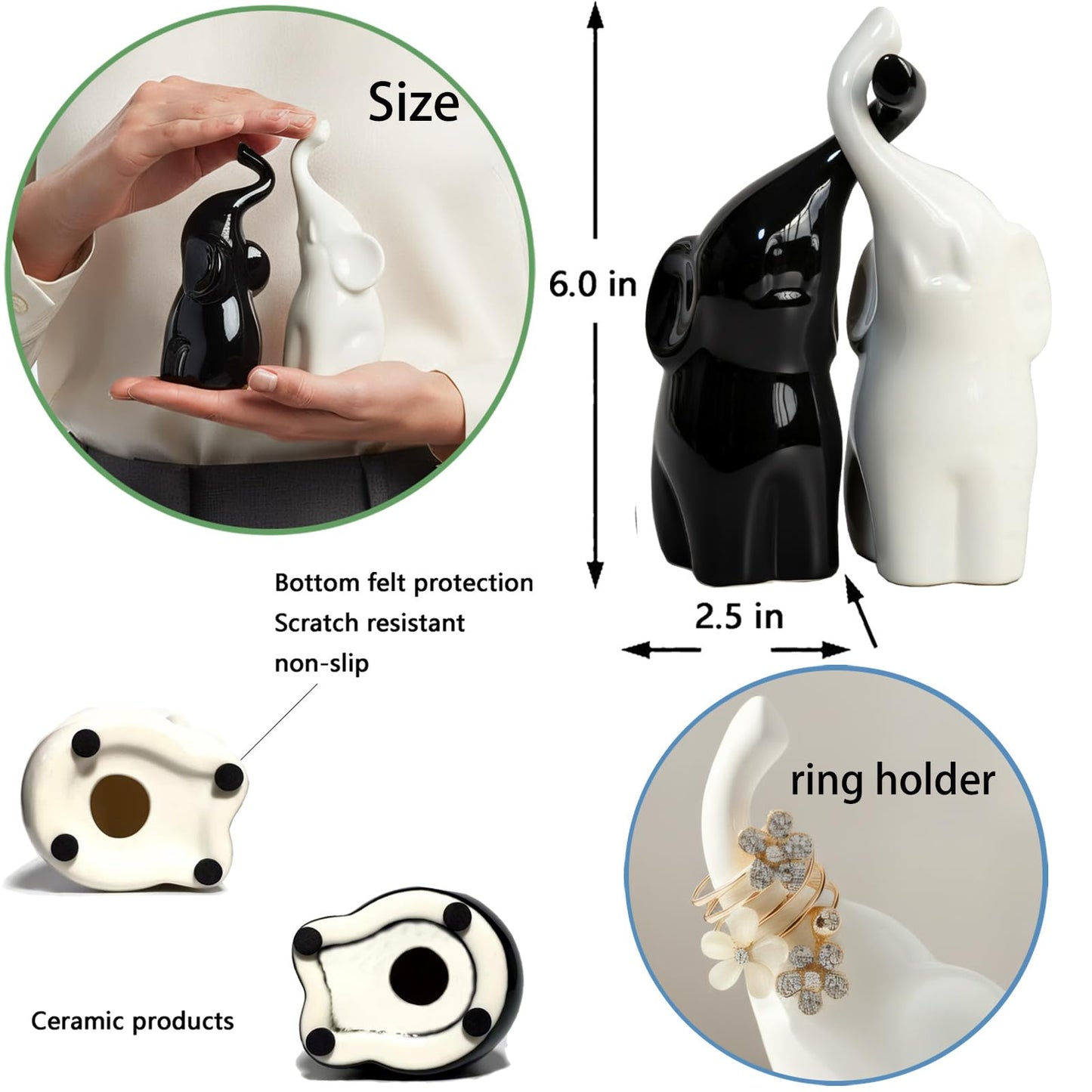 ZFQGEGE Ceramic Elephant Statue Decor - 6" Black & White Elephant Ring Holder Figurines for Living Room, Bedroom, Office Shelf - Valentine's Wedding Gift Ornaments, Anniversary Home Décor Accents