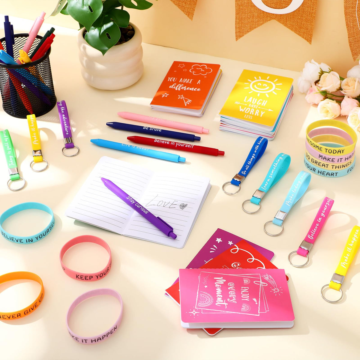 PerKoop 64 Pcs Inspirational Gifts Bulk 16 Motivational Notebooks Journal 16 Ballpoint Pens 16 Wristbands 16 Keychains for Teacher Office Women Employee Party Favor(Watercolor)