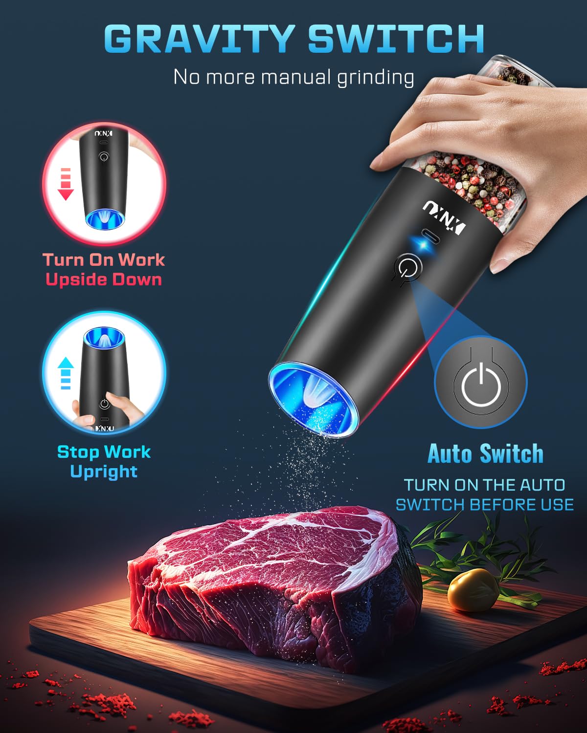 XinXu Rechargeable Pepper and Salt Grinder Set, whit Gravity Sensing Switch and LED Light, One Hand Automatic Operation -Black/2 Pack
