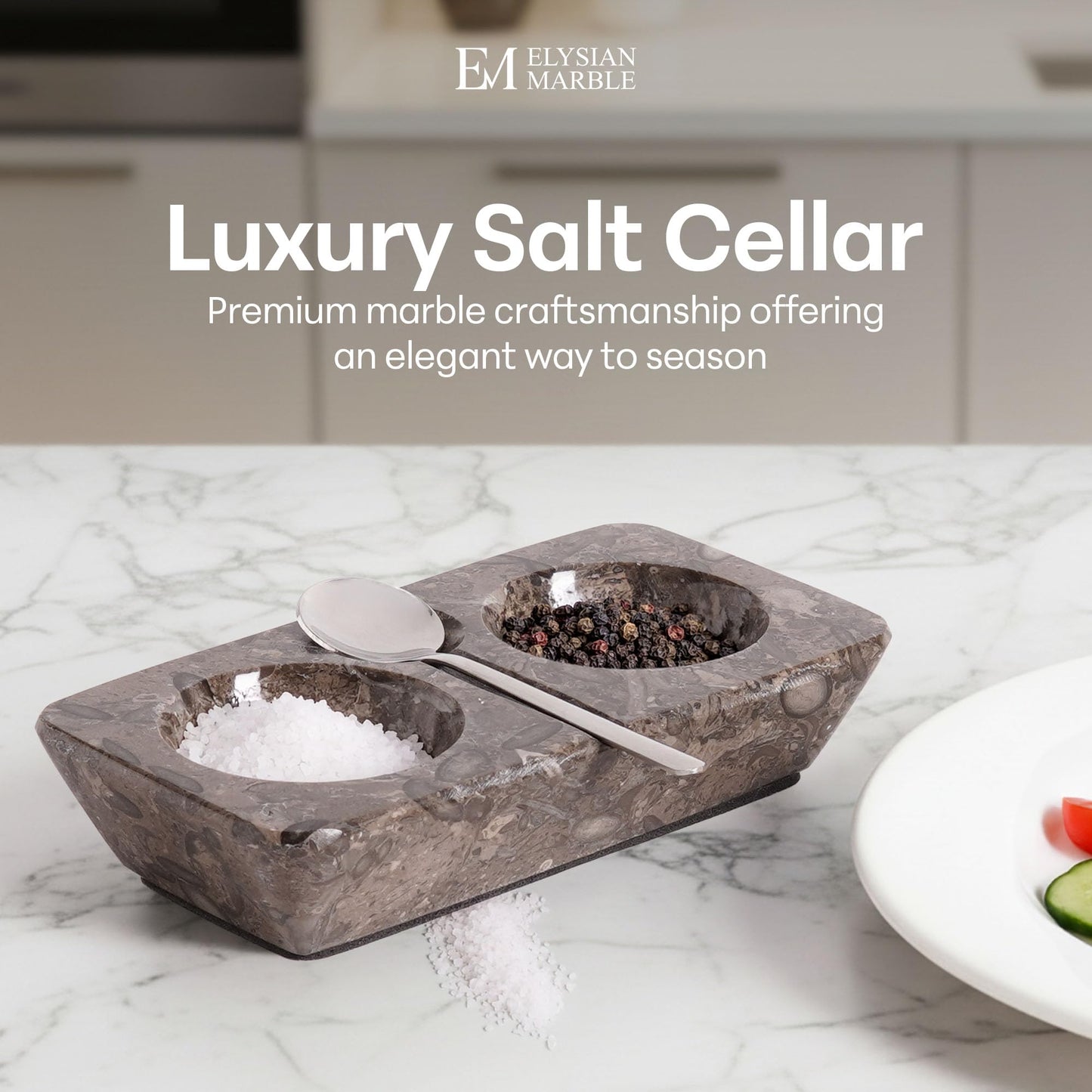 Marble Salt and Pepper Dish with Spoon, Handcrafted Double Spice Tray with 2 Compartments, Natural Stone Condiment Dish for Cooking Prep and Serving - Oceanic Grey