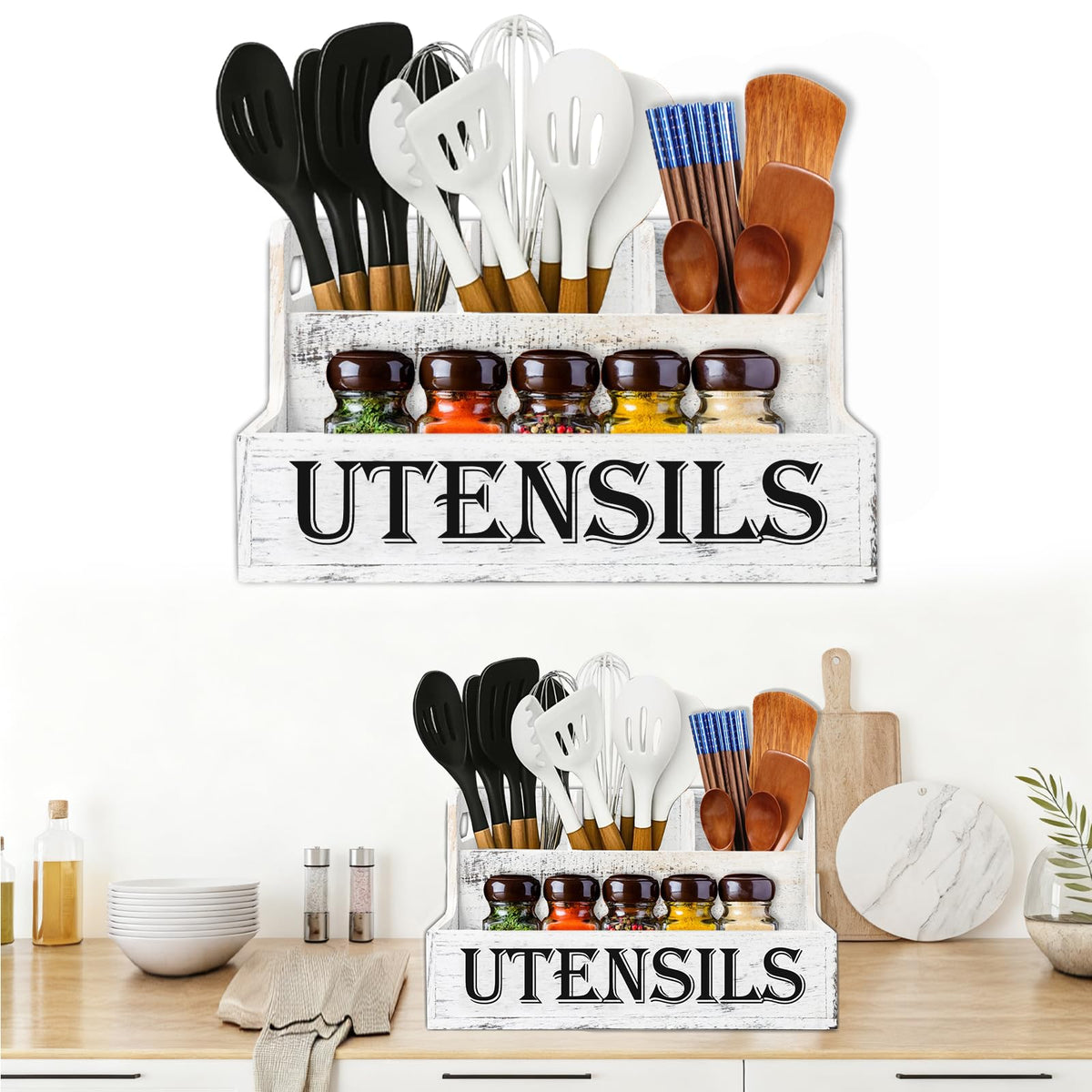 Gachiwar Utensil Holder, Extra Large Kitchen Utensils Holder with 4 Compartments, Wooden Utensil Organizer for Kitchen Countertop, Farmhouse Decor, Rustic Cooking Utensils