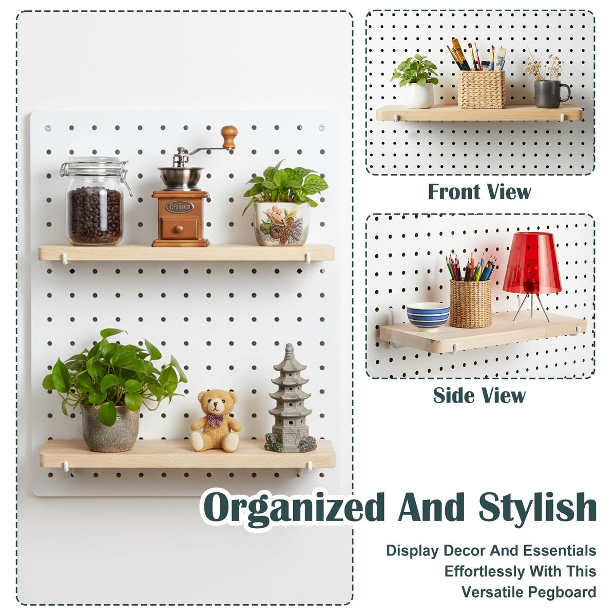 2 Pack Pegboard Shelves, Solid Wood Wall Shelf with Hooks, Solid Wood Pegboard Shelf, High Balance and No tilt, Wooden Pegboard Shelves for Metal Pegboard, Organizer Accessories for Home & Office
