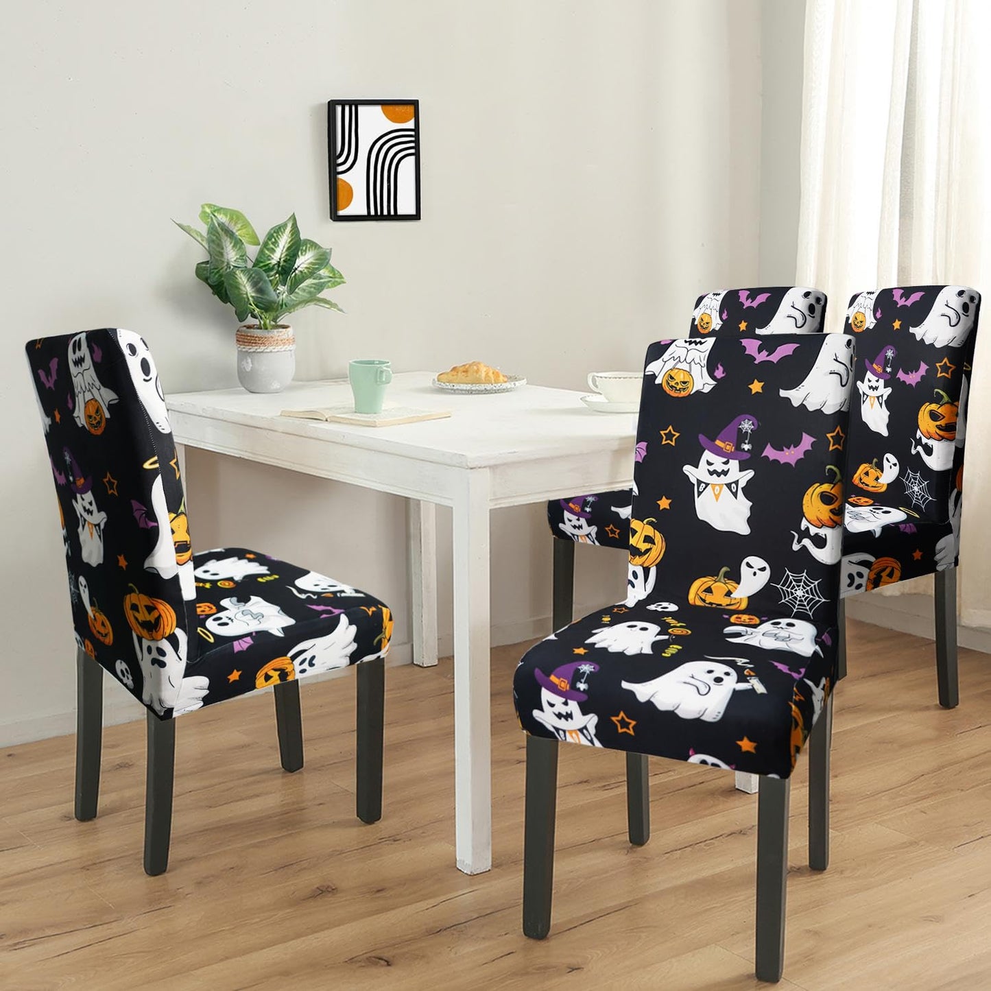 qwpmvhsak Halloween Chair Covers Set of 4, Cute Pumpkin Ghost Dining Chair Protectors, Black Elastic Removable Washable Dining Chair Covers, Suitable for Halloween Kitchen Restaurant Holiday Decor
