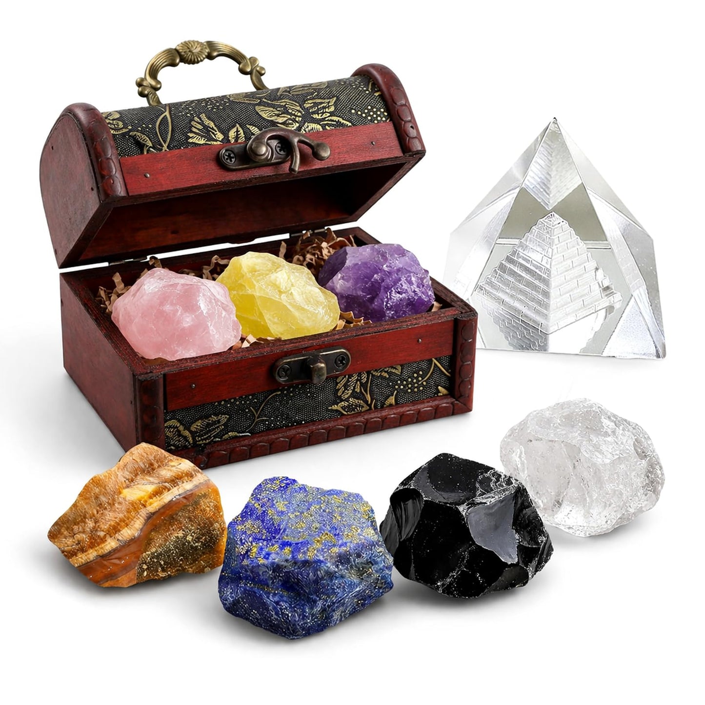Crystals and Healing Stones, 9 Pcs Healing Crystals Set, 7 Chakra Crystal Stones Set Real Natural Selenite Pyramid Reiki Raw Rock Energy Protection Meditation with Wooden Box, Crystal Gifts for Women