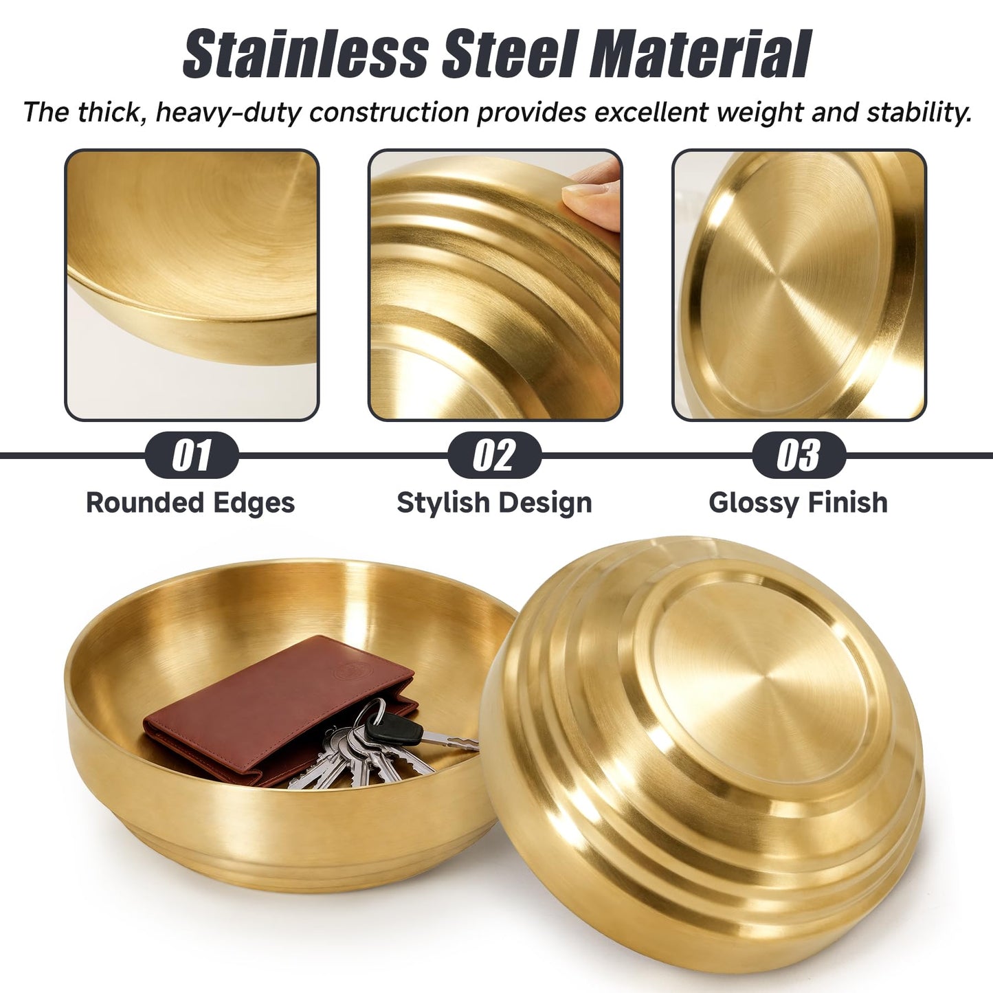 Philbinden 7.4" Gold Decorative Bowl Key Bowl Stainless Steel Fruit Bowl Modern Stylish Metal Centerpiece for Kitchen Counter, Key Catch All & Entryway Table Centerpiece