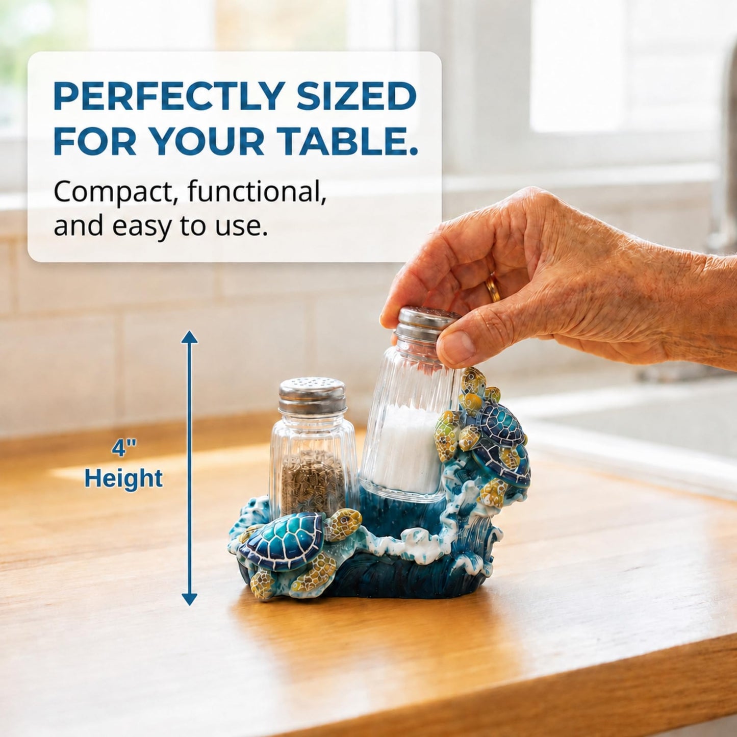 The Bridge Collection 4" Ocean Sea Turtles Salt and Pepper Shaker Holder Set - 3 Piece Set - Turtle Kitchen Items - Fun Salt and Pepper Shakers for Coastal, Nautical, or Beach House Decor