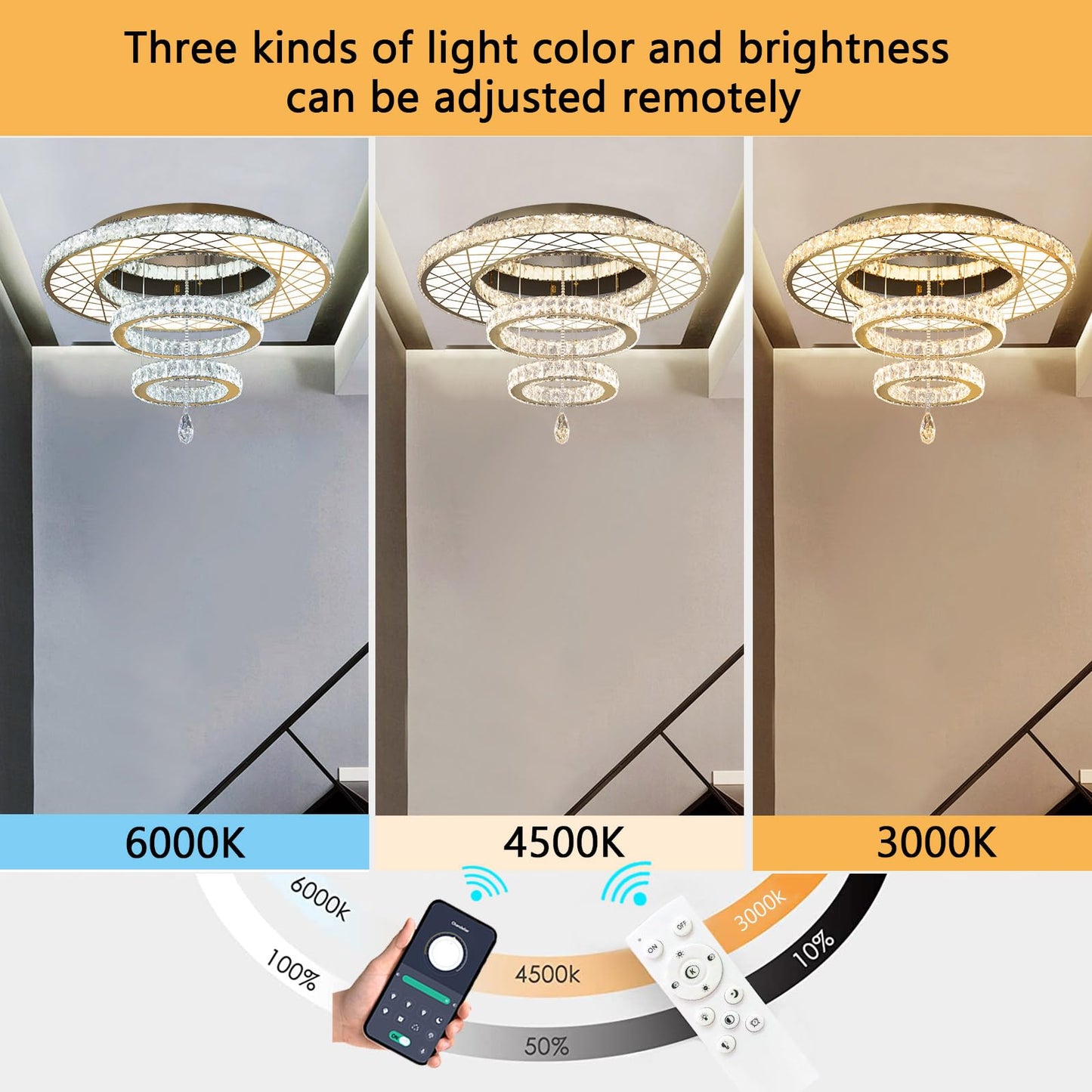 HAIXIANG Modern Glam Chandelier LED Crystal Ceiling Chandeliers Light for Bedroom Living Room Dining Room Lighting Fixture 24 inch Gold Remote Dimmable Lights