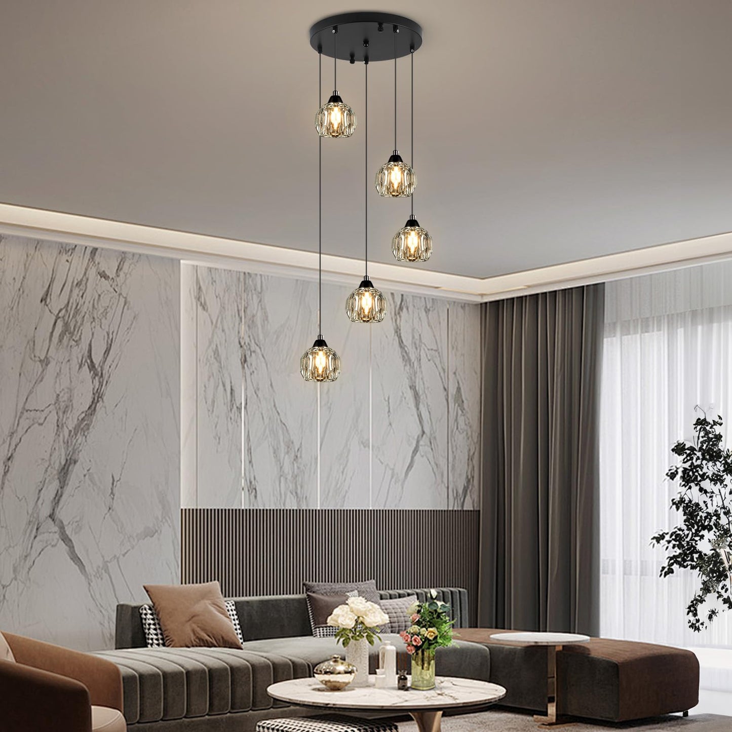 Weesalife Crystal Chandeliers for Dining Room Lights Fixture Over Table, 5-Light Black Modern Pendant Light Fixture，Crystal Chandeliers for Living Room Kitchen Island Staircases Foyer Hallway Bar