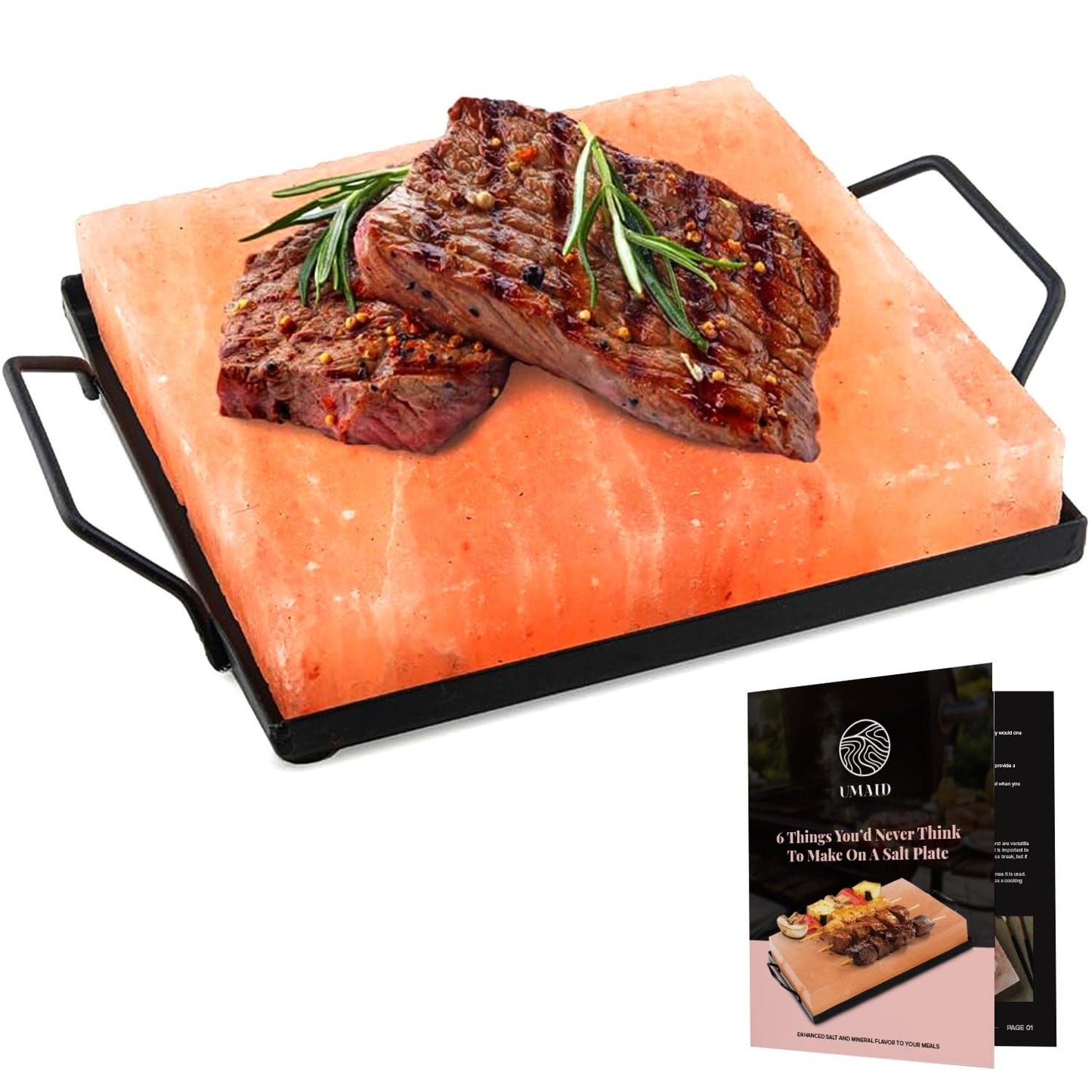UMAID Himalayan Salt Block Cooking Plate 8x8x1.5 – Food Grade Pink Himalayan Salt Stone for Cooking, Salt Block for Grilling, Serving & Cutting – Includes Steel Tray & Grilling Recipe Booklet – Unique Gifts for Men & Dad Gifts for Fathers Day