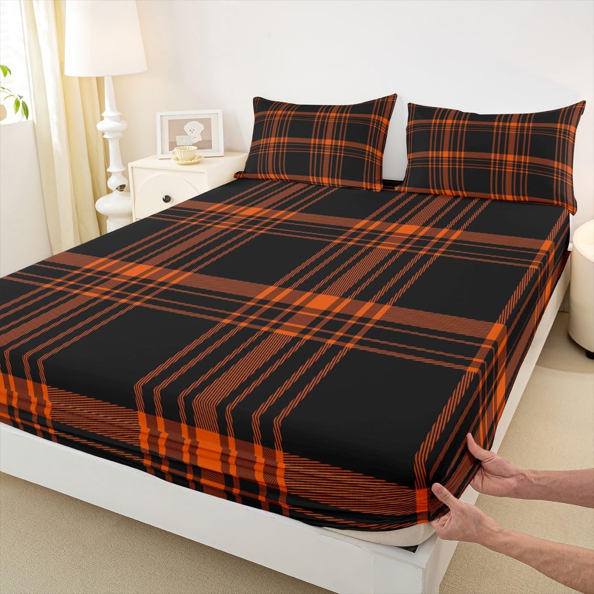jejeloiu Classic Red Black Plaid Fitted Sheet with 1 Pillowcase Twin Size Checkerboard Bed Sheets Set 16" Deep Pocket Boys Girls Farmhouse Bedding Aesthetic Grid Teens Bedroom Decor Breathable