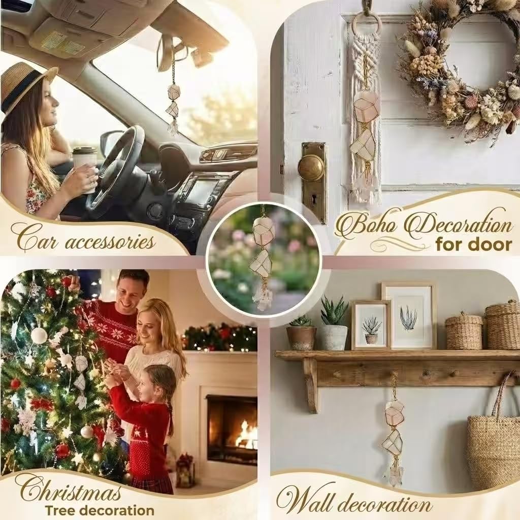 Raw Rose Quartz Car Diffuser Hanging Ornament | Natural Crystal Aromatherapy Charm for Rear View Mirror, Boho Essential Oil Diffuser for Yoga & Home Decor, Spiritual Gift Set for Women