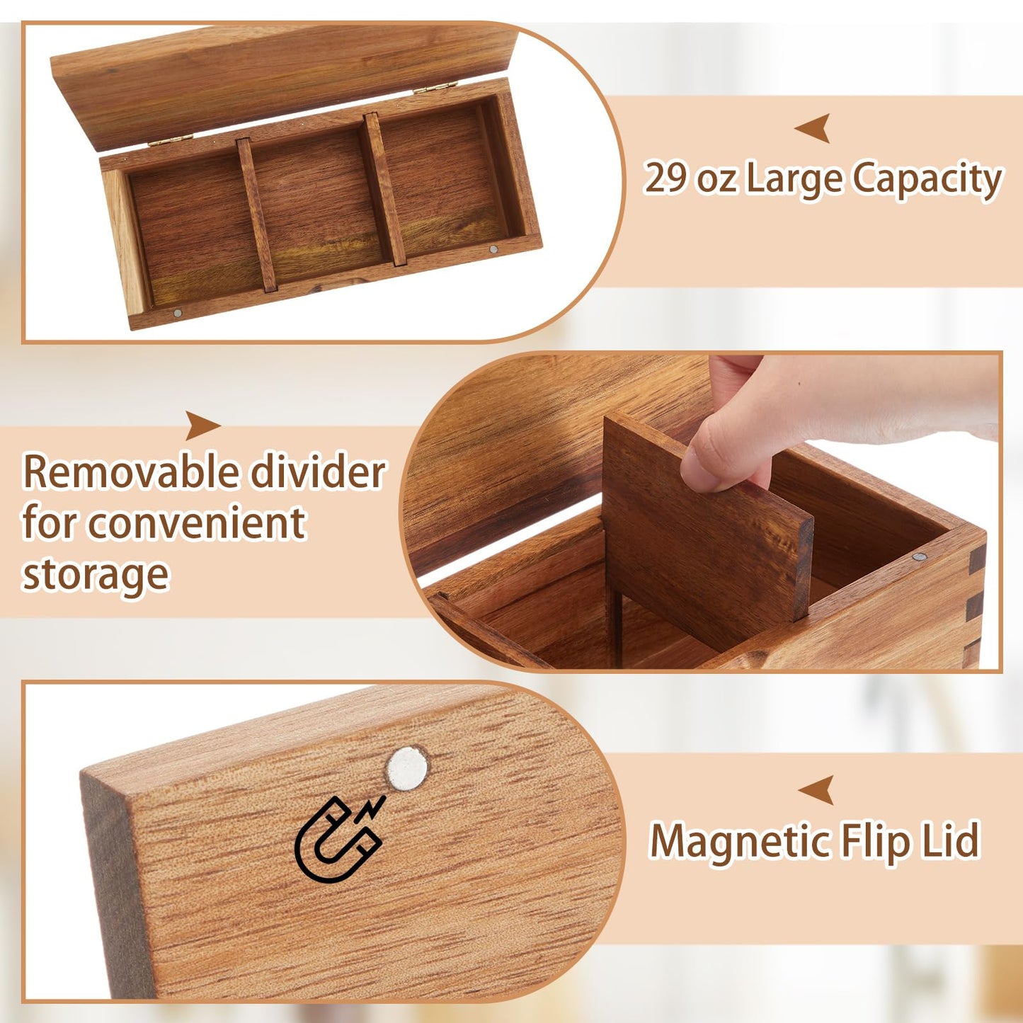 Yiyiring Acacia Wood Salt Cellar Spice Box with Magnetic Lid 29oz Large Capacity Salt Organizer 3 Compartments for Kitchen Countertop, Pepper, Seasonings, Spices, Grilling & Cooking