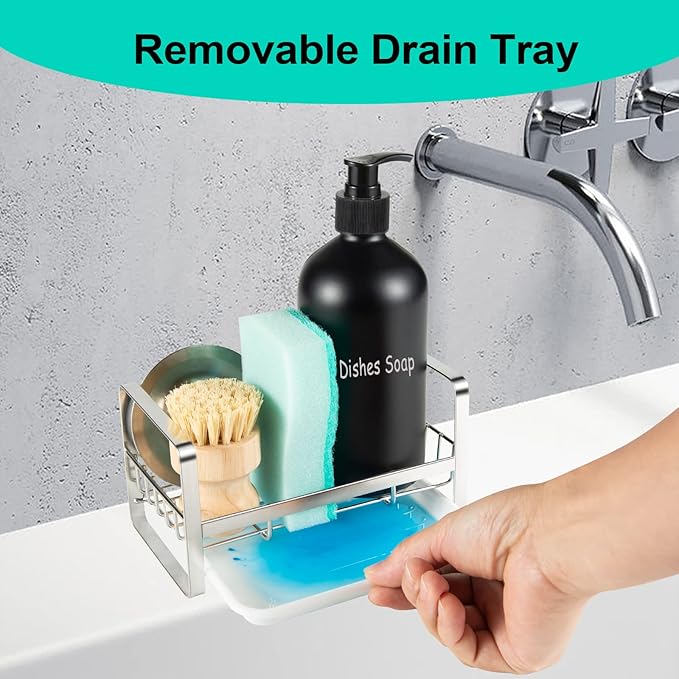 TEZZ Sponge Holder for Kitchen Sink, Stainless Steel Kitchen Storage Sink Caddy