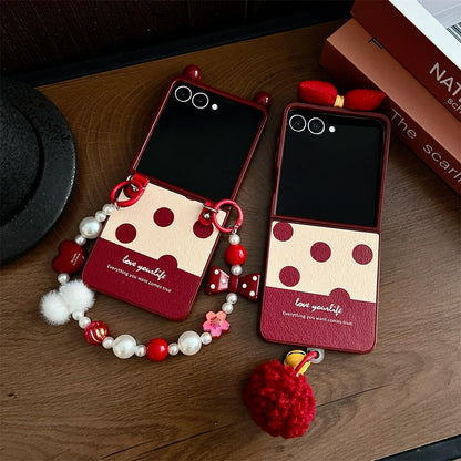 AOLABOKY Cute Phone Case for Samsung Galaxy Z Flip 7,Fashion Polka dot Back Cover Design Galaxy Z Flip7 with Wrist Chain for Women Men (A)