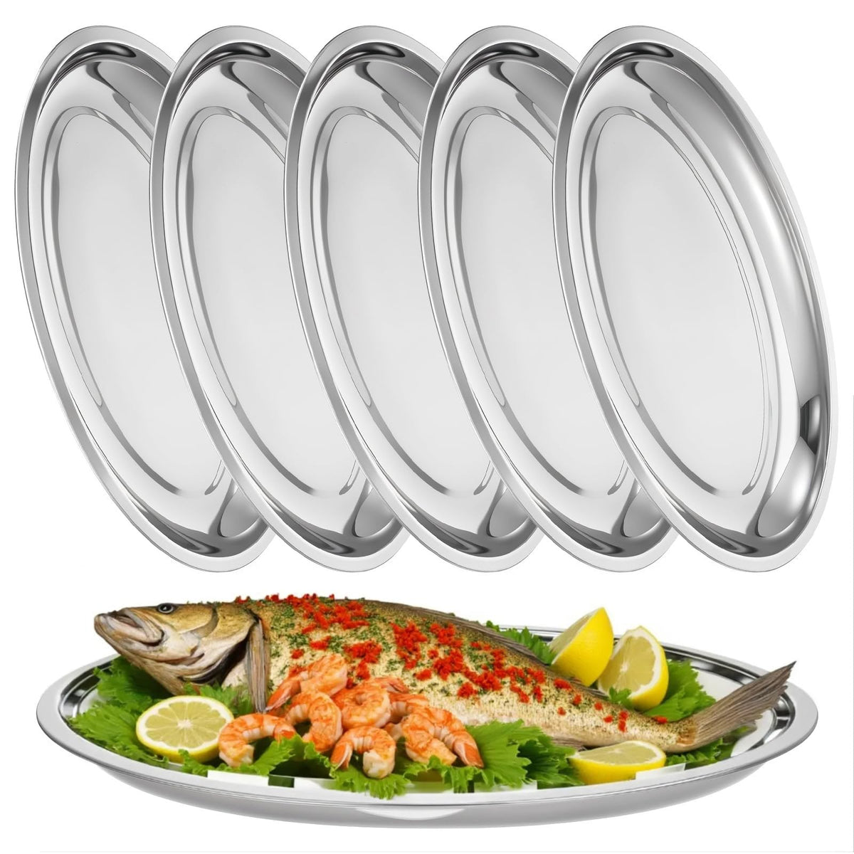 Meyeyaia 6 Pack Stainless Steel Oval Platter, Mirror Polish Large Sizzle Platter Metal Serving Tray Fish Plates, Heavy Duty Silver Tray for Steaming Fish Dessert Meat Sushi (13.7" x 8.5")