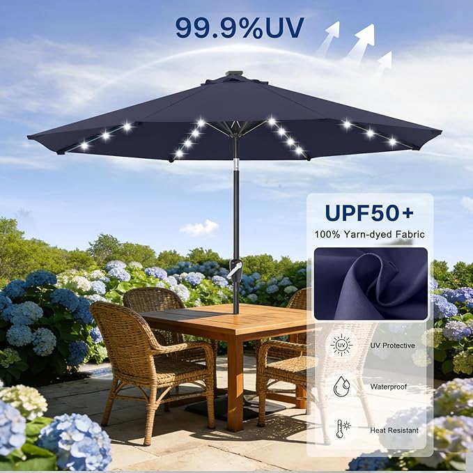 ABCCANOPY Durable Solar Led Patio Umbrellas with 32LED Lights 9FT (Navy Blue)