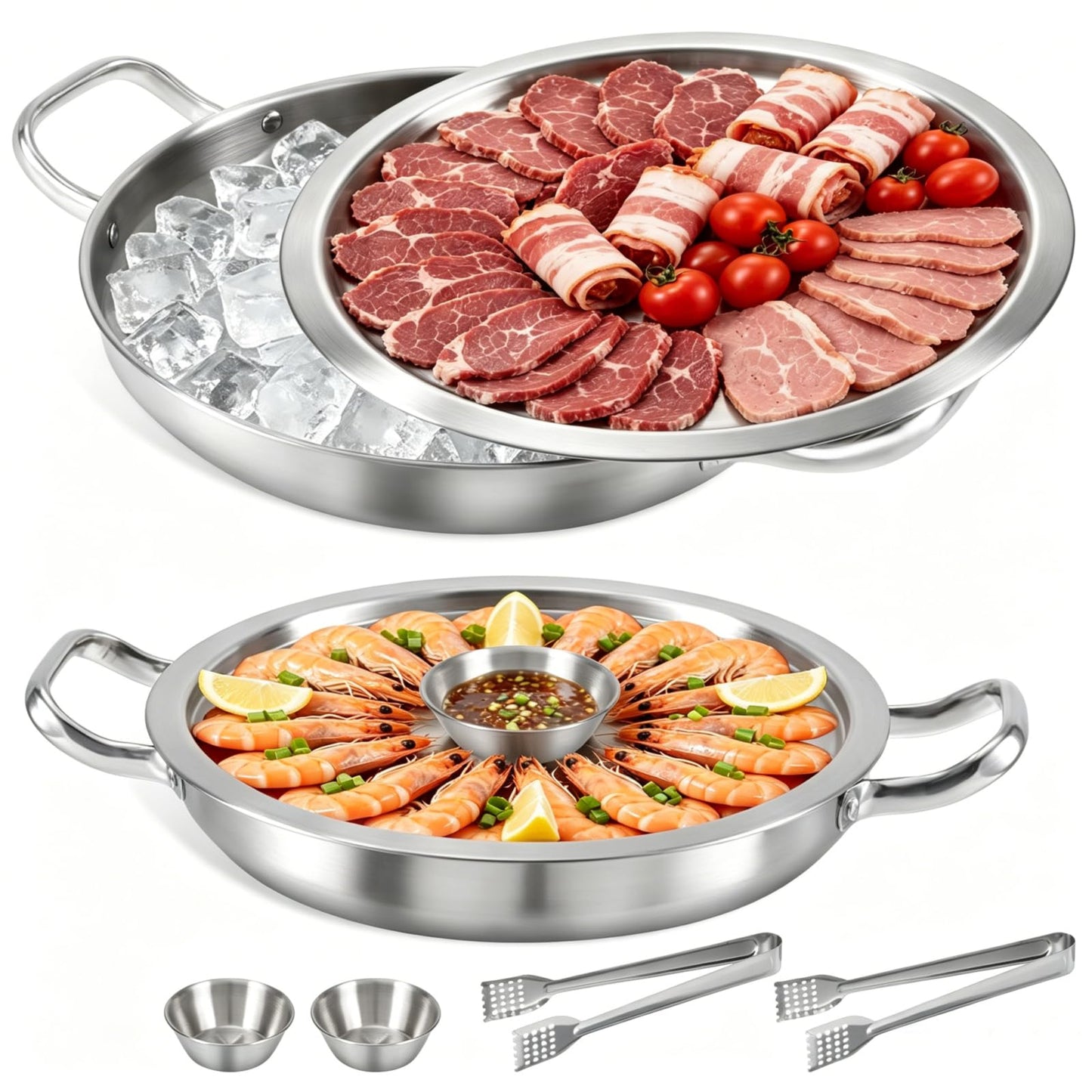 2 Set 12 Inch Chilled Serving Trays for Parties, Shrimp Cocktail Serving Dish with Ice Tray, Stainless Steel Chilled Party Platter, Cooling Charcuterie Serving Board for Fruits Veggies Buffet Parties