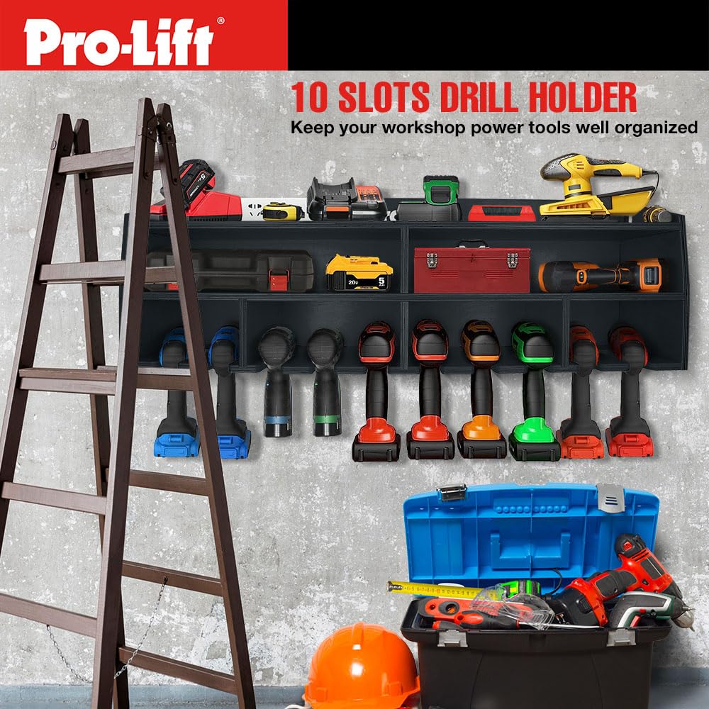Pro Lift Cordless Drill Organizer – wall mount power tool storage rack, 10 hanging slots, wooden M-005W1