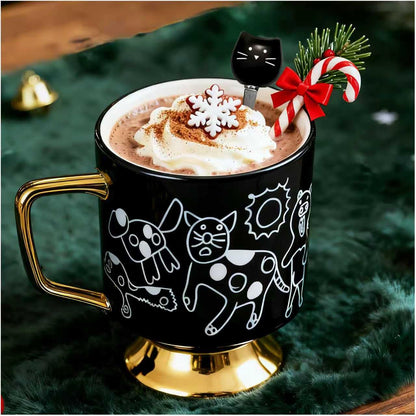 xifengching Christmas Mugs Whimsical Animal Ceramic fun Coffee Mug – 14oz Childlike Hand-Drawn Cat, Dog & Bear Design – Cute gothic Coffee Cup Gift for Women, Girls, Kids (Black)