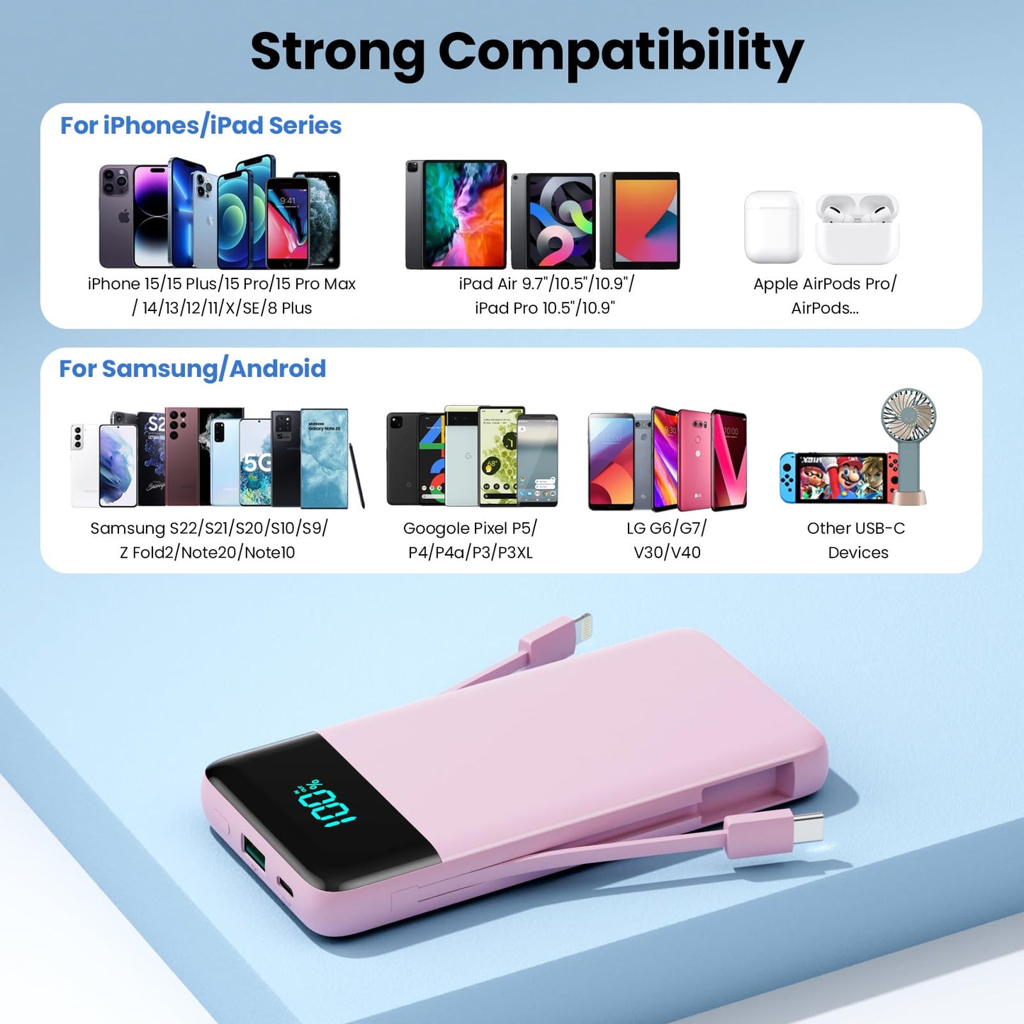 Portable Charger for iPhone with Built in Cables and Wall Plug,Upgraded 13800mAh Fast Charging USB C Power Bank,4 Outputs Travel Essential Battery Pack Compatible with iPhone 15/14/13,Samsung-Purple
