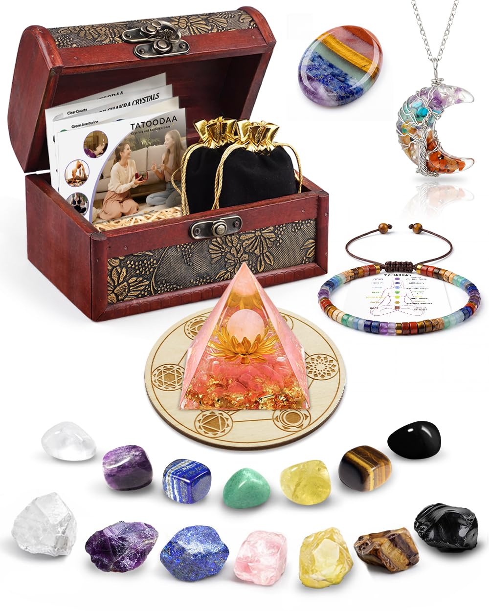 Crystals and Healing Stones Set - Chakra Crystals Gift for Women, Thumb Worry Stones, Rose Pyramid - Flower of Life, Chakra Bracelets, 7 Chakra Stones, Relief Anxiety Stress Birthday Gifts for Women
