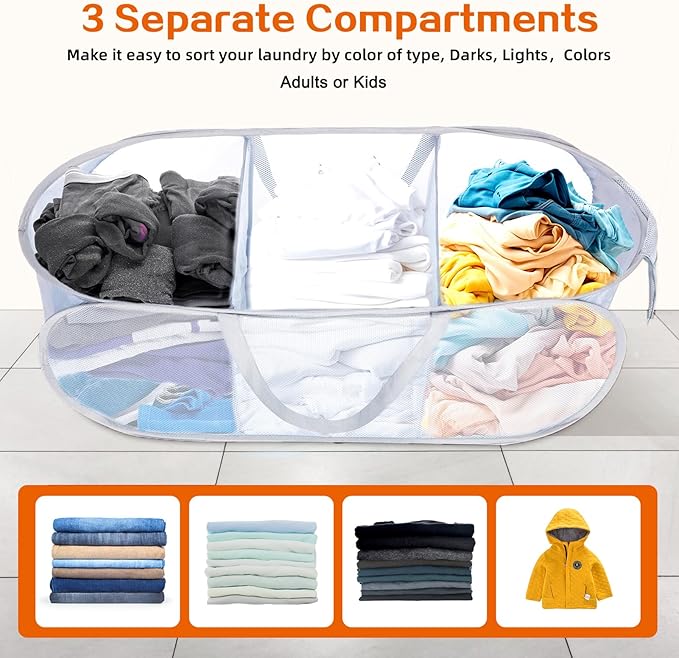 Durable Collapsible Foldable Mesh Pop Up Laundry Basket, 3 Compartments Easy to