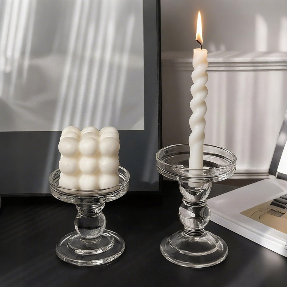 Okllen Set of 6 Glass Candle Holders, Clear Pillar Taper Candlestick Crystal Tealight Candle Holder Stand for Dinner Table, Wedding Centerpieces, Living Room, Home Decor