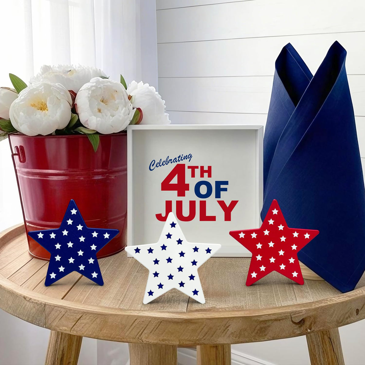 4th of July Table Decorations 3 PCS, Fourth of July Red White Blue Wooden Star Decor Centerpiece for Indoor Home, 250th Anniversary Memorial Day Patriotic Gift Sign for Mantel Office Tiered Tray Party