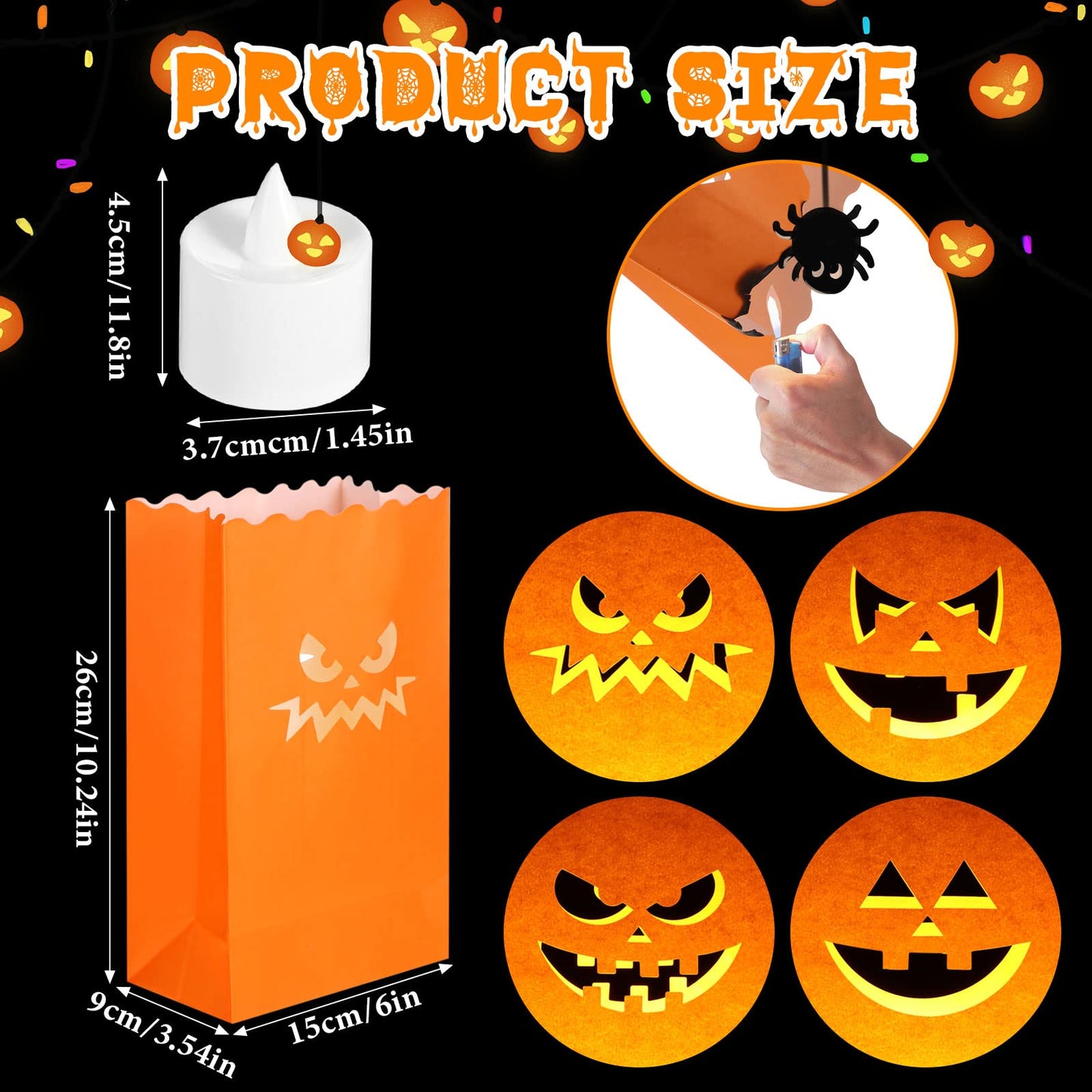 Meanplan 48 Pcs Halloween Luminary Bags with LED Light Candles Set 24 Pcs Luminary Candle Bags 24 Pcs LED Tealight Candles Ghost Lantern Bags for Halloween Outdoor Indoor Patio Decorations (Classic)