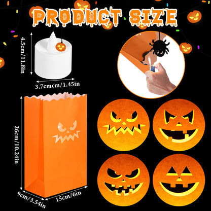 Meanplan 48 Pcs Halloween Luminary Bags with LED Light Candles Set 24 Pcs Luminary Candle Bags 24 Pcs LED Tealight Candles Ghost Lantern Bags for Halloween Outdoor Indoor Patio Decorations (Classic)