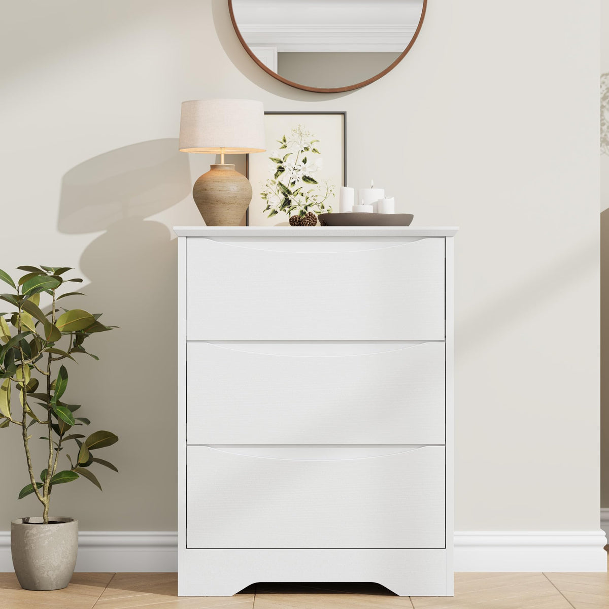 Garvee Wooden Dresser with 3 Drawers, Tall Modern Closet with Deep Storage, Large Chest of Drawers with Wide Top, Long Storage Dresser for Bedroom, Living Room, Hallway, Kids Room, White