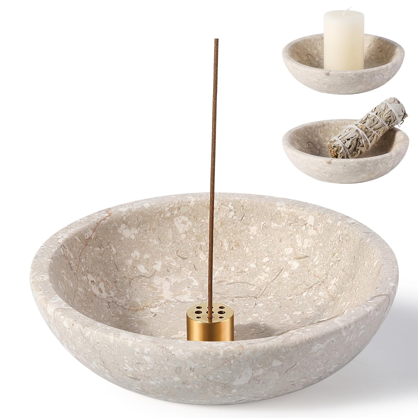 Koville Natural Marble Incense Holder, Incense Holder for Sticks with 9 Holes, Handmade Incense Burner Ash Catcher for Meditation Yoga SPA, Balsam Fir/Palo Santo/Sage/Cone (RoyalBeige)
