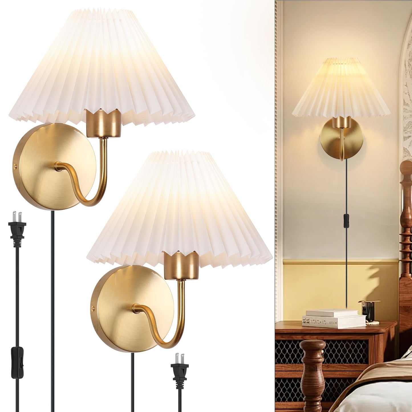 ADISUN Wall Sconces Sets of 2, Golden Plug in Wall Sconces with Switch for Dresser, Classic Cord Wall Lamp for Bedroom Living Room Bathroom Dining Room Corridor Staircase