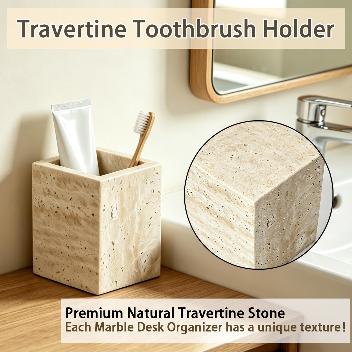 Voodefy Travertine Toothbrush Holder: Travertine Pen Holder - Marble Brush Holder - Marble Organizer for Vanity - Candle Organizer - Utensil Holder for Bathroom,Office and Home