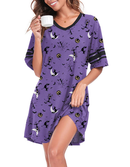 REGAI Women's Nightgown Short Sleeve V Neck Nightshirt Casual Sleepwear, Halloween Purple, XXL
