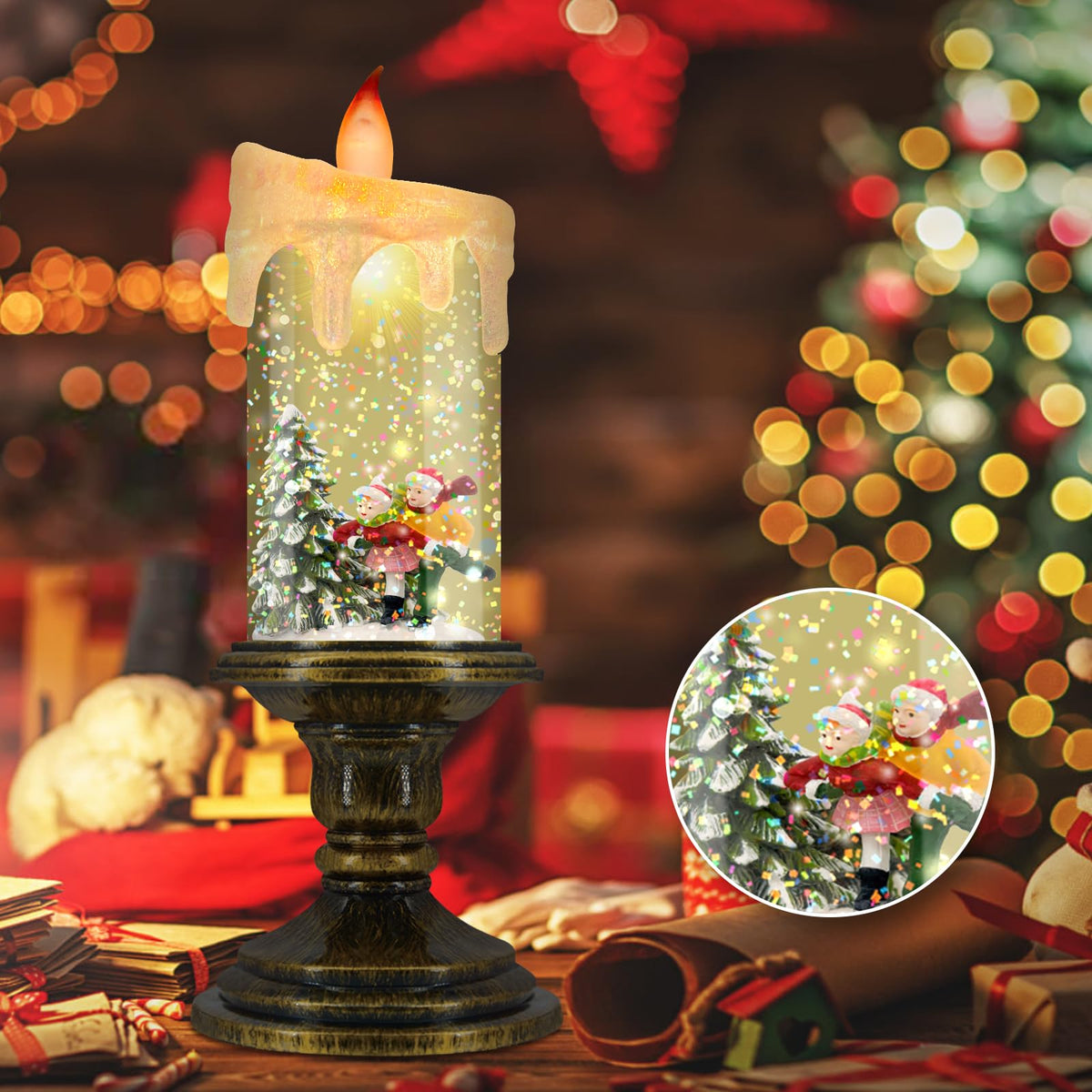 AOMIL Christmas Flameless Candles, Flickering LED Candles with Timer, Snow Globe Candle Lights for Christmas Decorations