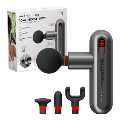 Sharper Image Percussion Massage Gun, Powerboost Move, Lightweight & Portable, 4 Attachments, 4 Speeds, Full Body Back & Shoulder Massager for Deep Tissue Muscle Recovery, Pain Relief & Soreness