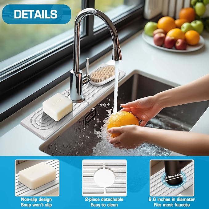Faucet Mat for Kitchen Sink, Diatomite Quick Drying Tray, Long 23.6'' Kitchen