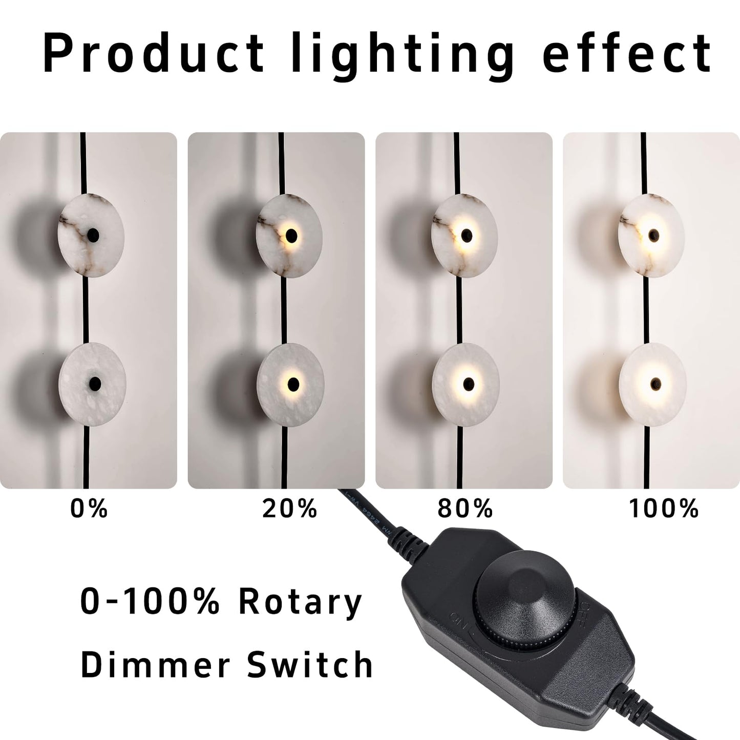 HOMLUCE Alabaster Wall Sconce,8W Round Natural Marble Plug in Wall Sconce Lamp Cord with Knob Dimmer Switch, Indoor LED Modern Wall Lamp for Bedroom, Stairs, Living Room, Bedside, Hallway (Black)