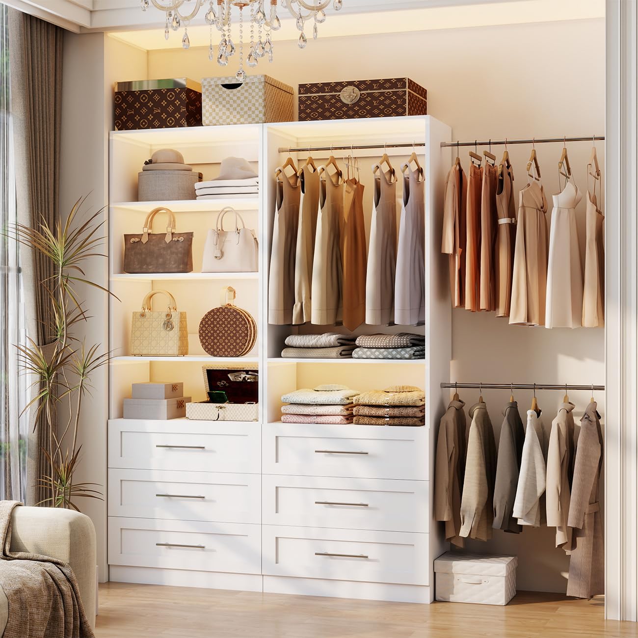 Closet System with 6 Drawers, Wood Closet Organizer System, Walk-in Closet or Small Closet System with Shelves, Modular Closet Systems with 3 Expandable Hanging Rods, 2 Sets, White (4FT)