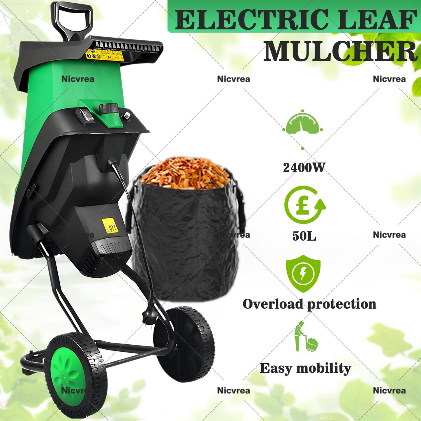 Nicvrea Electric Garden Shredder Wood Chipper,2400W Multifunctional Leaf Branch Shredder with Debris Bag, Max.40mm Cutting Capacity,Leaf Mulcher