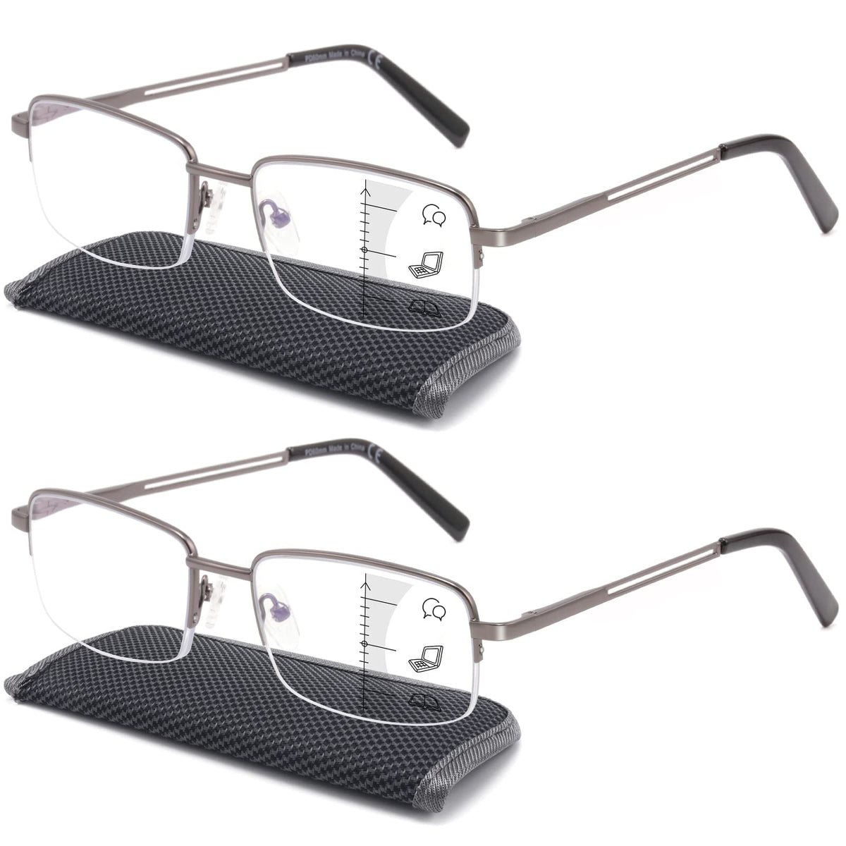 Premium 2 PACK Durable Progressive Multifocus Reading Glasses for Men Blue Light Blocking Computer Reader Anti Eyestrain Metal Frame Spring Hinges (for Mid-Near Range approx 3ft) 1.5 Gunmetal