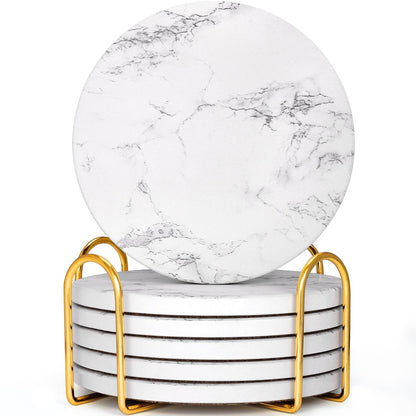 GOH DODD Coasters for Drinks Set of 6, Absorbent Marble Style Ceramic Coaster Tabletop Protection Home Decor with Metal Holder for Coffee Table, Housewarming Gifts Wedding Party, White, Round, 4 Inch