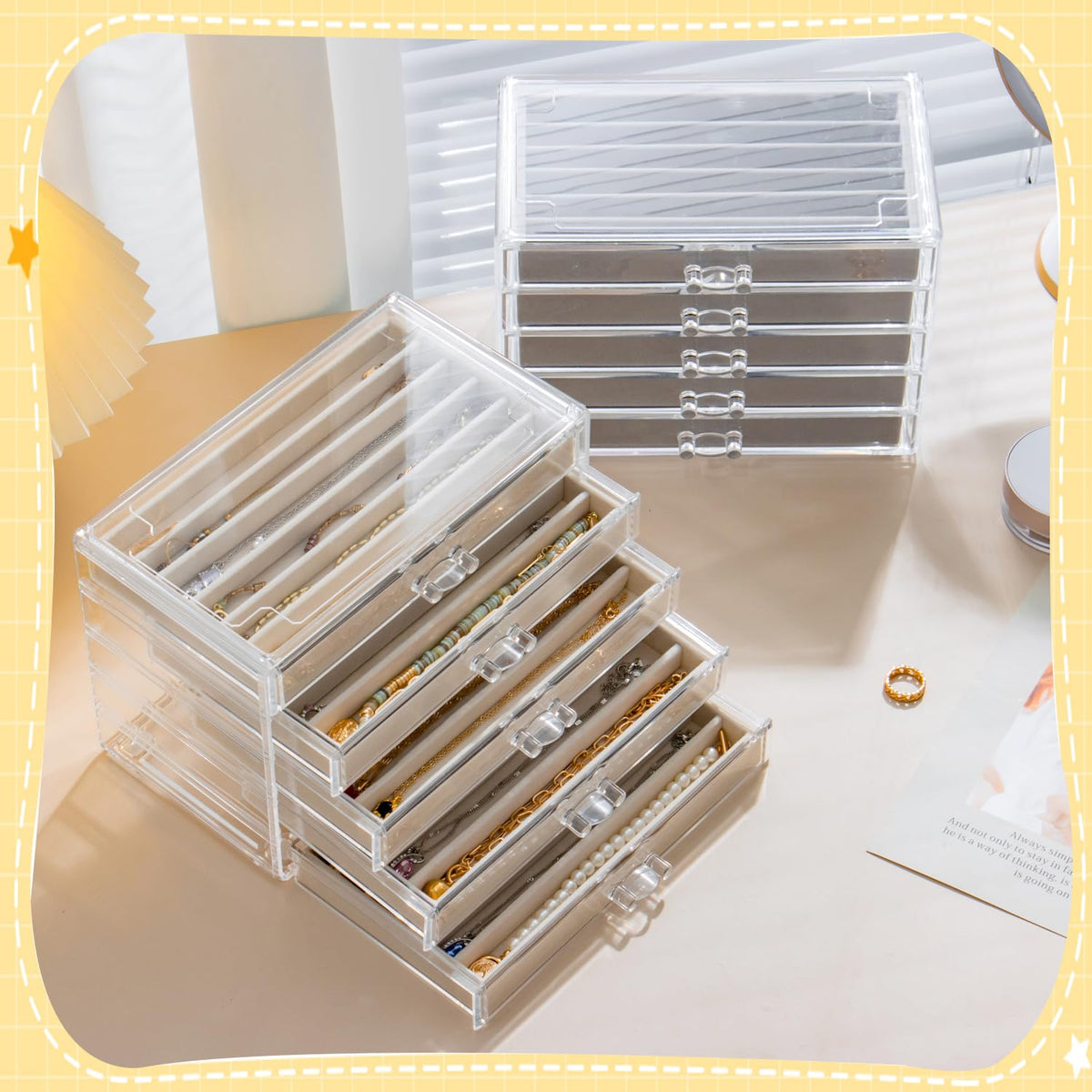 Necklace Organizer Box with 5 Drawers 30 Compartments, Dustproof Velvet Necklace Display Tray, Acrylic Necklaces Display Case, Pendant Chains Necklace Storage Tray Gift for Women and Girls (Grey)