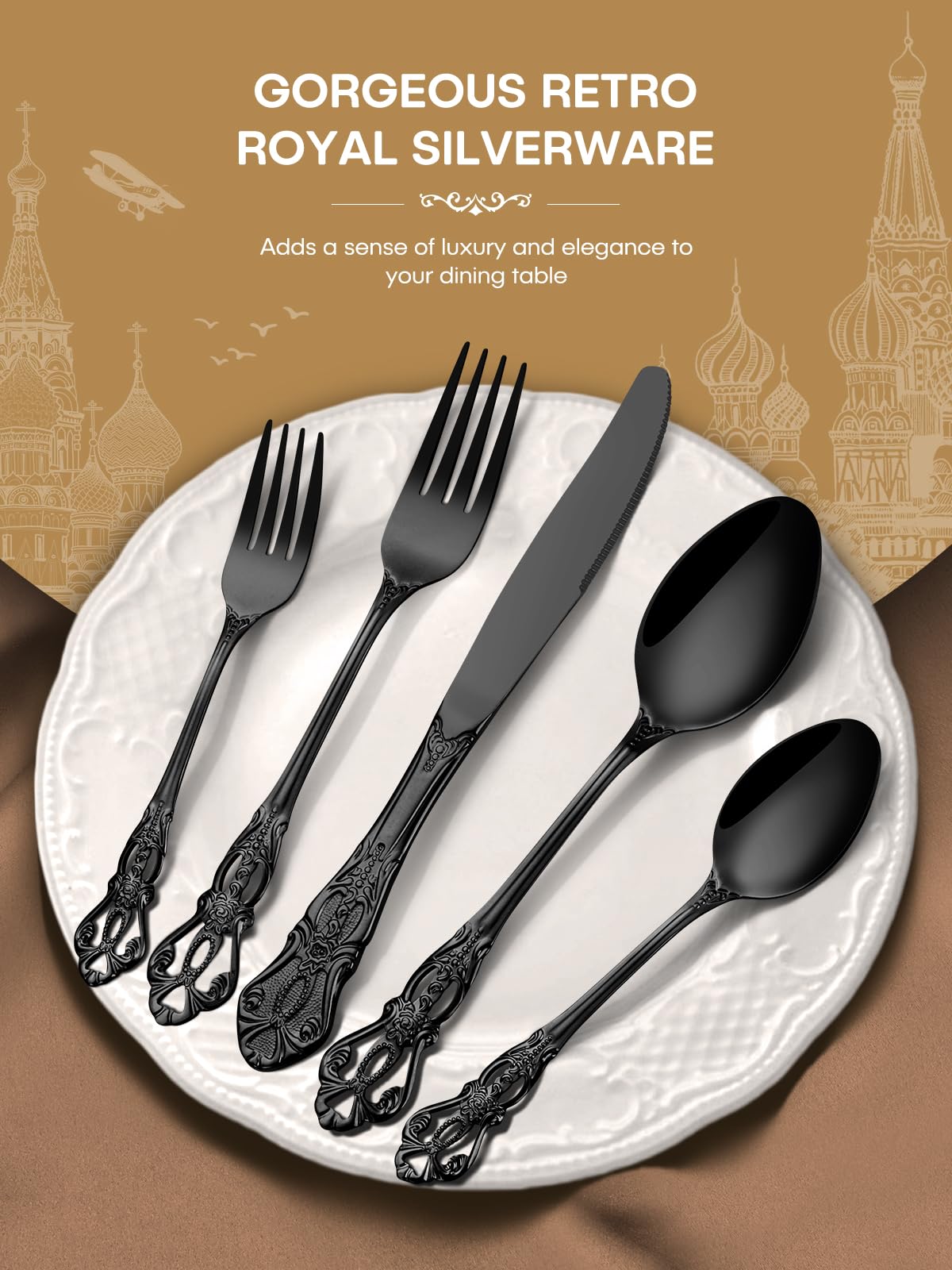 Stapava 30 Pcs Black Silverware Set, Gorgeous Retro Royal Silverware Set for 6, Stainless Steel Mirror Flatware Cutlery Set, Include Forks Spoons and Knives set, Dishwasher Safe Utensils